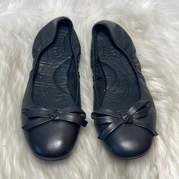 Born Black Leather Bow Trim Ballet Flats Sz 7 - Picture 2 of 6